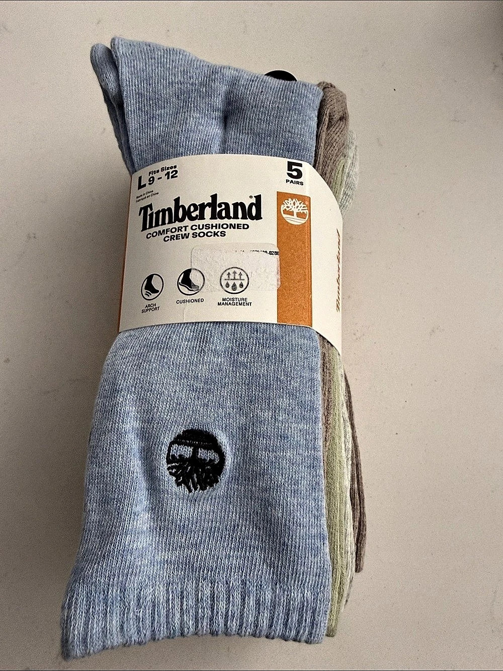 Timberland Comfort Cushioned Crew Socks 5-Pack Blue & Gray Size L 9-12